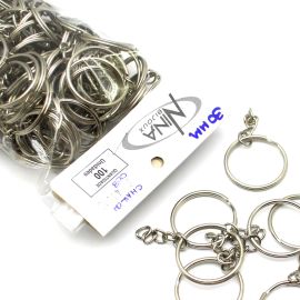 Argola de Metal para Chaveiro / 30mm - com Corrente (100 Unidades) - Níquel