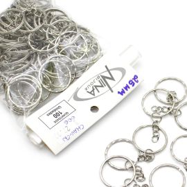 Argola de Metal para Chaveiro / 25mm - Ondulada com Corrente (Pct. c/ 100 unidades)-Níquel