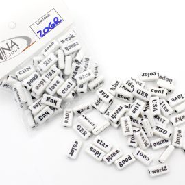 Pastilha de Plástico / 7x15mm - Palavras em Inglês - Preta (20 gramas) - Branco