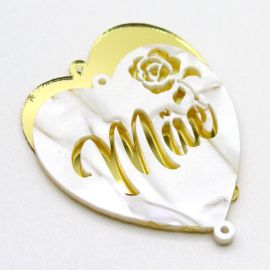 Placa em Acrílico / 64x57mm - Coração com Nome Mãe e Flor - (1 Kit)