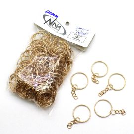 Argola de Metal para Chaveiro / 25mm - com Corrente (Pct. c/ 100 unidades)-Dourado