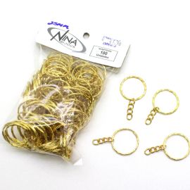 Argola de Metal para Chaveiro / 25mm - Ondulada com Corrente (Pct. c/ 100 unidades)-Dourado