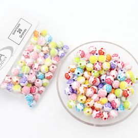 Bola Plástica / 8mm - Branca - Detalhe de Flor - Cores Diversas (20 Gramas)