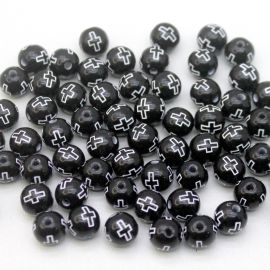 Bola Plástica Fosca / 10mm - Detalhe de Cruz Branca (10 gramas) - Preto