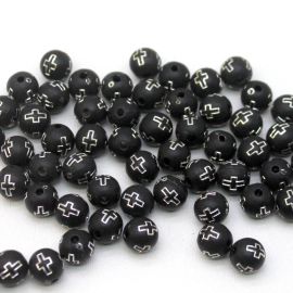 Bola Plástica Fosca / 10mm - Detalhe de Cruz Prata (10 gramas) - Preta