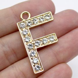 Pingente de Metal / 37x29mm - Letra com Detalhe de Strass (unidade)-F