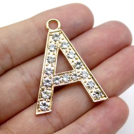 Pingente de Metal / 37x29mm - Letra com Detalhe de Strass (unidade)-A