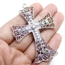 Cruz de Metal com Strass / 70x50mm - Terço para Noiva (unidade) - Níquel