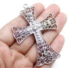 Cruz de Metal com Strass / 70x50mm - Terço para Noiva (unidade)-Níquel