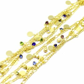 Corrente Semi Joia / 3mm - Moedas e Strass de Cores Diversas (1 metro) - Dourada 