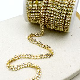 Corrente Dupla com Strass / 6mm - (SS12) - Transparente (1 metro) -Dourado