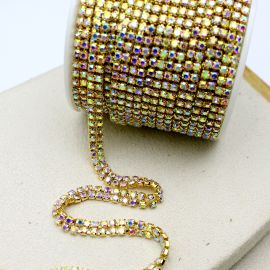 Corrente Dupla com Strass / 6mm - (SS12) - AB (1 metro) -Dourado