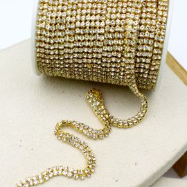 Corrente Dupla com Strass / 5mm - (SS8) - Transparente (1 metro) -Dourado