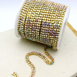 Corrente Dupla com Strass / 5mm - (SS8) - AB (1 metro) -Dourado