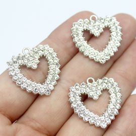 Pingente em Metal com Strass / 25mm - Coração (Unidade) - Níquel