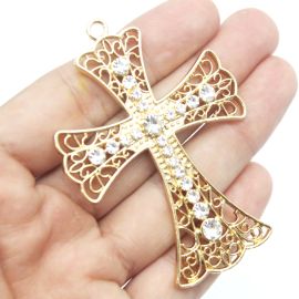 Cruz de Metal com Strass / 70x50mm - Terço para Noiva (unidade)-Dourado