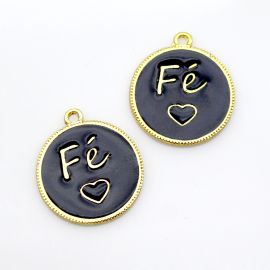 Pingente de Metal Esmaltado / 30x26mm - Fé (unid.)-Dourado-Preto