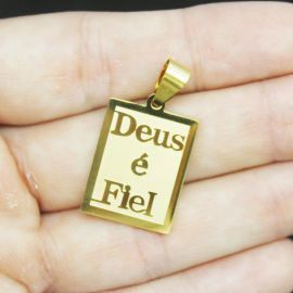 Pingente de Aço Inoxidável / 24x17mm - Deus é Fiel (Unidade)-Dourado