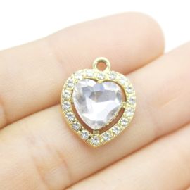 Pingente de Metal - 19x16mm / com Strass - Coração Transparente (Unidade) - Dourado