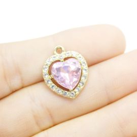 Pingente de Metal - 19x16mm / com Strass - Coração Rosa (Unidade) - Dourado