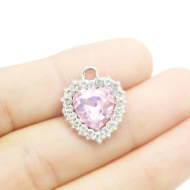 Pingente de Metal - 19x16mm / com Strass - Coração Rosa (Unidade) - Níquel