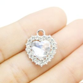 Pingente de Metal - 19x16mm / com Strass - Coração Transparente (Unidade) - Níquel