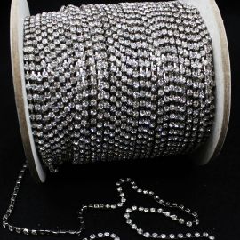 Corrente com Strass Transparente / SS12 (1 METRO)-Níquel